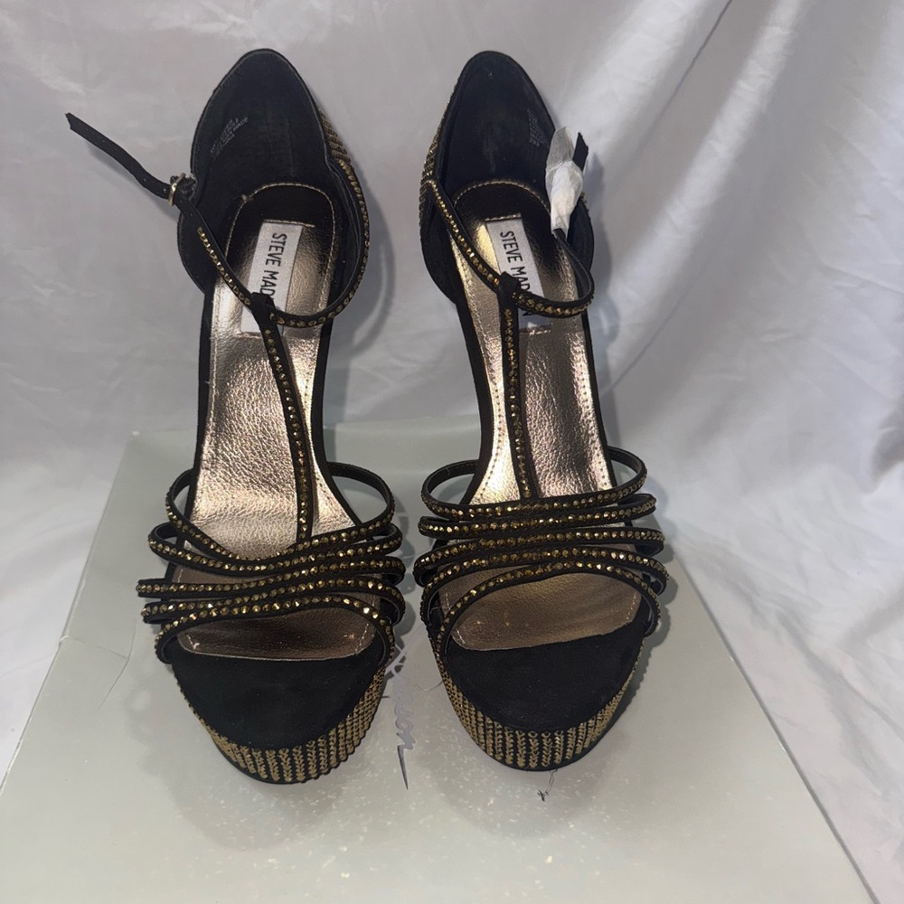 Steve Madden Black and Gold Strappy Heels